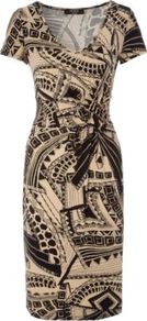 Moda Jersey Print Dress Multi - style: shift; neckline: low v-neck; fit: tight; waist detail: fitted waist; hip detail: fitted at hip; predominant colour: stone; occasions: casual, evening; length: on the knee; fibres: viscose/rayon - stretch; sleeve length: short sleeve; sleeve style: standard; trends: statement prints; pattern type: fabric; pattern size: big & busy; pattern: patterned/print; texture group: jersey - stretchy/drapey