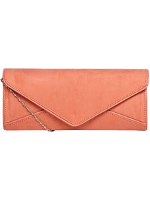 Coral Envelope Clutch Bag - predominant colour: coral; occasions: evening, occasion; type of pattern: standard; style: clutch; length: hand carry; size: small; material: faux leather; pattern: plain; trends: fluorescent; finish: plain; embellishment: chain/metal