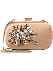 Yasmin - predominant colour: champagne; occasions: evening, occasion; type of pattern: standard; style: clutch; length: hand carry; size: mini; material: satin; embellishment: crystals, jewels; pattern: plain, patterned/print; finish: plain