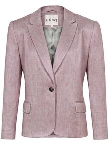 Blossom Jay Relaxed Fit Jacket - pattern: plain; style: single breasted blazer; shoulder detail: shoulder pads; bust detail: added detail/embellishment at bust; collar: standard lapel/rever collar; predominant colour: blush; occasions: casual, evening, work, occasion; length: standard; fit: tailored/fitted; fibres: linen - mix; back detail: back vent/flap at back; sleeve length: long sleeve; sleeve style: standard; collar break: medium; pattern type: fabric; pattern size: standard; texture group: woven light midweight