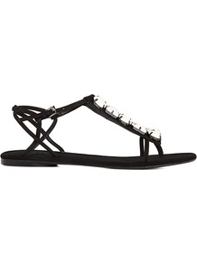 Tula Embellished Flat Sandal - predominant colour: black; occasions: casual, evening, holiday; material: leather; heel height: flat; embellishment: crystals, jewels; ankle detail: ankle strap; heel: standard; toe: open toe/peeptoe; style: flip flops / toe post; finish: plain; pattern: plain