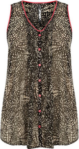 Neon Trim Sleeveless Top - neckline: v-neck; sleeve style: sleeveless; bust detail: buttons at bust (in middle at breastbone)/zip detail at bust; predominant colour: chocolate brown; occasions: casual, evening; length: standard; style: top; fibres: polyester/polyamide - 100%; fit: loose; sleeve length: sleeveless; texture group: sheer fabrics/chiffon/organza etc.; pattern type: fabric; pattern size: standard; pattern: animal print, patterned/print