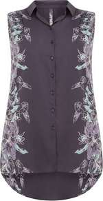 Grey Mirror Print Shirt - neckline: shirt collar/peter pan/zip with opening; sleeve style: sleeveless; length: below the bottom; style: shirt; bust detail: buttons at bust (in middle at breastbone)/zip detail at bust; predominant colour: charcoal; occasions: casual, evening, work; fibres: polyester/polyamide - 100%; fit: loose; back detail: longer hem at back than at front; sleeve length: sleeveless; texture group: sheer fabrics/chiffon/organza etc.; pattern type: fabric; pattern size: standard; pattern: patterned/print