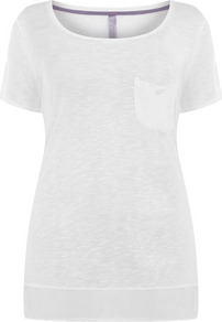 White Woven Hem Top - neckline: round neck; pattern: plain; length: below the bottom; style: t-shirt; bust detail: pocket detail at bust; predominant colour: white; occasions: casual, holiday; fibres: polyester/polyamide - 100%; fit: body skimming; sleeve length: short sleeve; sleeve style: standard; pattern type: fabric; pattern size: standard; texture group: jersey - stretchy/drapey