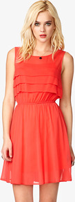 Pleated Georgette Dress - length: mid thigh; neckline: round neck; pattern: plain; sleeve style: sleeveless; waist detail: elasticated waist, fitted waist; bust detail: ruching/gathering/draping/layers/pintuck pleats at bust, tiers/frills/bulky drapes/pleats; predominant colour: coral; occasions: casual, evening, holiday; fit: fitted at waist & bust; style: fit & flare; fibres: polyester/polyamide - 100%; hip detail: ruching/gathering at hip, soft pleats at hip/draping at hip/flared at hip; sleeve length: sleeveless; texture group: sheer fabrics/chiffon/organza etc.; pattern type: fabric; pattern size: standard