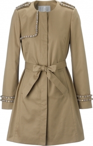 Colette Coat - shoulder detail: obvious epaulette; collar: round collar/collarless; style: mac; length: mid thigh; predominant colour: camel; occasions: casual, work, occasion; fit: tailored/fitted; fibres: cotton - 100%; waist detail: belted waist/tie at waist/drawstring; sleeve length: long sleeve; sleeve style: standard; texture group: cotton feel fabrics; collar break: high; pattern type: fabric; pattern size: small & light; pattern: patterned/print; embellishment: beading
