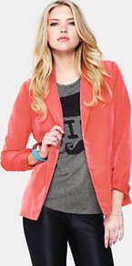Blazer, Black - pattern: plain; style: single breasted blazer; collar: standard lapel/rever collar; predominant colour: coral; occasions: casual, evening, work; length: standard; fit: straight cut (boxy); fibres: polyester/polyamide - 100%; sleeve length: long sleeve; sleeve style: standard; collar break: medium; pattern type: fabric; pattern size: standard; texture group: woven light midweight