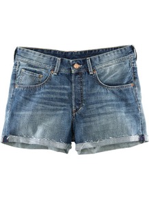 Denim Shorts - pattern: plain; style: shorts; waist detail: fitted waist, narrow waistband; pocket detail: traditional 5 pocket; length: short shorts; waist: mid/regular rise; predominant colour: denim; occasions: casual, holiday; fibres: cotton - 100%; jeans & bottoms detail: turn ups; texture group: denim; fit: slim leg; pattern type: fabric; pattern size: standard