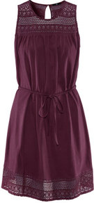 Dress - style: shift; neckline: round neck; fit: fitted at waist; pattern: plain; sleeve style: sleeveless; shoulder detail: contrast pattern/fabric at shoulder; waist detail: belted waist/tie at waist/drawstring; predominant colour: aubergine; occasions: casual, evening; length: just above the knee; fibres: cotton - 100%; bust detail: contrast pattern/fabric/detail at bust; back detail: keyhole/peephole detail at back; sleeve length: sleeveless; texture group: lace; pattern type: fabric; pattern size: light/subtle
