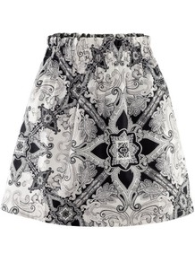 Skirt - length: mid thigh; fit: loose/voluminous; waist detail: elasticated waist, fitted waist, belted waist/tie at waist/drawstring; waist: high rise; predominant colour: black; occasions: casual, evening; style: a-line; fibres: cotton - 100%; trends: statement prints, volume; pattern type: fabric; pattern size: big & busy; pattern: patterned/print; texture group: other - light to midweight