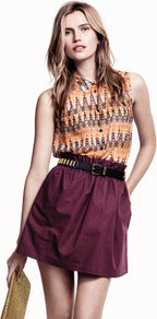 Skirt - length: mid thigh; pattern: plain; fit: loose/voluminous; waist detail: elasticated waist, fitted waist, belted waist/tie at waist/drawstring; waist: high rise; predominant colour: aubergine; occasions: casual, evening, holiday; style: a-line; fibres: cotton - 100%; texture group: cotton feel fabrics; trends: volume; pattern type: fabric
