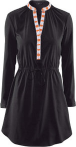 Dress - style: tunic; neckline: v-neck; fit: fitted at waist; pattern: plain, patterned/print; waist detail: elasticated waist, fitted waist; predominant colour: black; occasions: casual, evening; length: just above the knee; fibres: polyester/polyamide - 100%; sleeve length: long sleeve; sleeve style: standard; pattern type: fabric; pattern size: small & light; texture group: jersey - stretchy/drapey