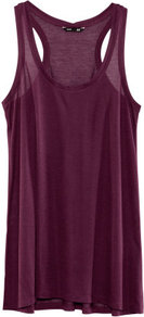 Top - sleeve style: standard vest straps/shoulder straps; pattern: plain; length: below the bottom; style: vest top; back detail: racer back/sports back; shoulder detail: contrast pattern/fabric at shoulder; predominant colour: aubergine; occasions: casual, evening, holiday; neckline: scoop; fibres: polyester/polyamide - 100%; fit: loose; sleeve length: sleeveless; trends: sporty redux; pattern type: fabric; pattern size: standard; texture group: jersey - stretchy/drapey