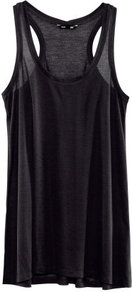 Top - sleeve style: standard vest straps/shoulder straps; pattern: plain; length: below the bottom; style: vest top; back detail: racer back/sports back; shoulder detail: contrast pattern/fabric at shoulder; predominant colour: black; occasions: casual, holiday; neckline: scoop; fibres: polyester/polyamide - 100%; fit: loose; sleeve length: sleeveless; trends: sporty redux; pattern type: fabric; pattern size: standard; texture group: jersey - stretchy/drapey
