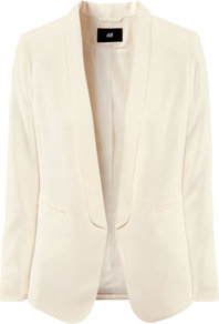 Jacket - pattern: plain; style: single breasted blazer; collar: standard lapel/rever collar; predominant colour: ivory; occasions: casual, evening, work, occasion; length: standard; fit: tailored/fitted; fibres: polyester/polyamide - stretch; sleeve length: long sleeve; sleeve style: standard; texture group: crepes; trends: tuxedo; collar break: low/open; pattern type: fabric; pattern size: standard