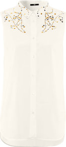 Blouse - neckline: shirt collar/peter pan/zip with opening; sleeve style: sleeveless; bust detail: added detail/embellishment at bust; length: below the bottom; style: blouse; predominant colour: ivory; occasions: casual, evening, work, holiday; fibres: polyester/polyamide - 100%; fit: straight cut; shoulder detail: added shoulder detail; sleeve length: sleeveless; texture group: sheer fabrics/chiffon/organza etc.; pattern type: fabric; pattern size: small & light; embellishment: beading