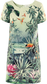 Dress - style: shift; length: mid thigh; neckline: round neck; predominant colour: pistachio; occasions: evening, occasion; fit: straight cut; fibres: polyester/polyamide - 100%; back detail: keyhole/peephole detail at back; sleeve length: short sleeve; sleeve style: standard; texture group: cotton feel fabrics; trends: high impact florals, statement prints; pattern type: fabric; pattern size: standard; pattern: patterned/print