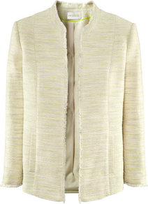 Blazer - pattern: plain, herringbone/tweed; style: single breasted blazer; collar: standard lapel/rever collar; predominant colour: primrose yellow; occasions: casual, evening, work; length: standard; fit: straight cut (boxy); fibres: cotton - mix; sleeve length: long sleeve; sleeve style: standard; collar break: low/open; pattern type: fabric; pattern size: small & light; texture group: woven light midweight