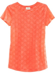 Top - neckline: round neck; pattern: plain; style: t-shirt; predominant colour: coral; occasions: casual, work; length: standard; fibres: polyester/polyamide - mix; fit: straight cut; sleeve length: short sleeve; sleeve style: standard; texture group: lace; pattern type: fabric; embellishment: embroidered