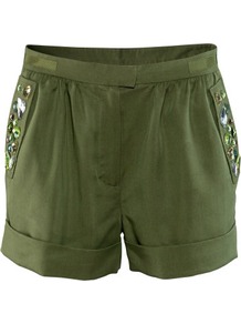 Shorts - style: shorts; waist detail: fitted waist, narrow waistband; pocket detail: pockets at the sides; length: short shorts; waist: mid/regular rise; predominant colour: khaki; occasions: casual, evening, holiday; fibres: polyester/polyamide - 100%; hip detail: added detail/embellishment at hip, front pleats at hip level; jeans & bottoms detail: turn ups; texture group: crepes; trends: metallics; fit: slim leg; pattern type: fabric; pattern size: small & light; embellishment: beading