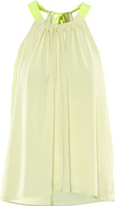 Top - neckline: round neck; pattern: plain, colourblock; sleeve style: sleeveless; back detail: racer back/sports back; bust detail: ruching/gathering/draping/layers/pintuck pleats at bust; predominant colour: primrose yellow; occasions: casual, evening, holiday; length: standard; style: top; fibres: polyester/polyamide - 100%; fit: loose; sleeve length: sleeveless; texture group: sheer fabrics/chiffon/organza etc.; pattern type: fabric; pattern size: standard