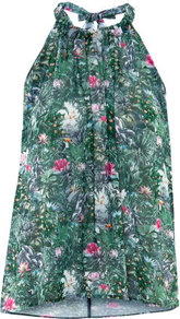 Top - sleeve style: sleeveless; neckline: halter neck; bust detail: ruching/gathering/draping/layers/pintuck pleats at bust; predominant colour: dark green; occasions: casual, evening, holiday; length: standard; style: top; fibres: polyester/polyamide - 100%; fit: loose; sleeve length: sleeveless; texture group: sheer fabrics/chiffon/organza etc.; pattern type: fabric; pattern size: standard; pattern: florals, patterned/print