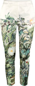 Ankle Lengthtrousers - style: peg leg; pocket detail: pockets at the sides; waist: mid/regular rise; predominant colour: dark green; occasions: casual, evening, work, occasion, holiday; length: ankle length; fibres: polyester/polyamide - mix; waist detail: narrow waistband; texture group: cotton feel fabrics; trends: high impact florals; fit: slim leg; pattern type: fabric; pattern size: big & busy; pattern: florals, patterned/print