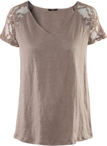 Linen Top - neckline: v-neck; pattern: plain, florals; style: t-shirt; shoulder detail: contrast pattern/fabric at shoulder; predominant colour: taupe; occasions: casual, evening, work; length: standard; fibres: linen - 100%; fit: straight cut; sleeve length: short sleeve; sleeve style: standard; texture group: lace; pattern type: fabric; pattern size: standard