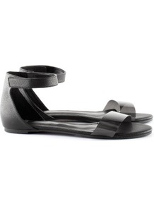 Sandals - predominant colour: black; occasions: casual, work, holiday; material: faux leather; heel height: flat; ankle detail: ankle strap; heel: standard; toe: open toe/peeptoe; style: standard; finish: plain; pattern: plain