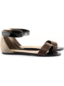 Sandals - predominant colour: chocolate brown; occasions: casual, work, holiday; material: fabric; heel height: flat; ankle detail: ankle strap; heel: standard; toe: open toe/peeptoe; style: standard; finish: plain; pattern: animal print, plain, colourblock