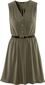 Dress - length: mid thigh; neckline: v-neck; fit: fitted at waist; pattern: plain; sleeve style: sleeveless; bust detail: pocket detail at bust, buttons at bust (in middle at breastbone)/zip detail at bust; waist detail: twist front waist detail/nipped in at waist on one side/soft pleats/draping/ruching/gathering waist detail, belted waist/tie at waist/drawstring; predominant colour: khaki; occasions: casual, evening; style: fit & flare; fibres: polyester/polyamide - 100%; sleeve length: sleeveless; trends: volume; pattern type: fabric; texture group: other - light to midweight