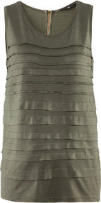 Top - pattern: plain; sleeve style: sleeveless; bust detail: ruching/gathering/draping/layers/pintuck pleats at bust, tiers/frills/bulky drapes/pleats; predominant colour: khaki; occasions: casual, work; length: standard; style: top; neckline: scoop; fibres: polyester/polyamide - 100%; fit: straight cut; sleeve length: sleeveless; pattern type: fabric; pattern size: standard; texture group: jersey - stretchy/drapey