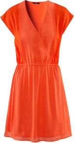 Dress - style: faux wrap/wrap; length: mid thigh; neckline: low v-neck; sleeve style: dolman/batwing; fit: fitted at waist; pattern: plain; waist detail: elasticated waist, twist front waist detail/nipped in at waist on one side/soft pleats/draping/ruching/gathering waist detail; predominant colour: bright orange; occasions: casual, evening, holiday; fibres: polyester/polyamide - 100%; sleeve length: short sleeve; texture group: sheer fabrics/chiffon/organza etc.; trends: fluorescent; pattern type: fabric; pattern size: standard