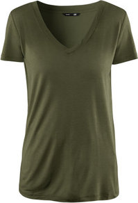 Top - neckline: low v-neck; pattern: plain; style: t-shirt; predominant colour: khaki; occasions: casual; length: standard; fibres: polyester/polyamide - 100%; fit: body skimming; sleeve length: short sleeve; sleeve style: standard; pattern type: fabric; pattern size: standard; texture group: jersey - stretchy/drapey