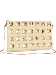 Clutch - predominant colour: ivory; occasions: evening, occasion; type of pattern: standard; style: clutch; length: hand carry; size: standard; material: faux leather; embellishment: studs, chain/metal; pattern: plain; finish: plain
