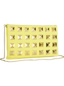 Clutch - predominant colour: primrose yellow; occasions: evening, occasion; style: clutch; length: hand carry; size: standard; material: faux leather; embellishment: studs, chain/metal; pattern: plain; trends: metallics; finish: plain