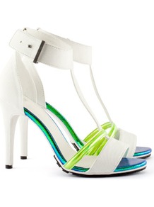 Sandals - predominant colour: white; occasions: casual, evening, holiday; material: fabric; heel height: high; embellishment: buckles; ankle detail: ankle strap; heel: stiletto; toe: open toe/peeptoe; style: strappy; trends: sporty redux; finish: plain; pattern: plain, colourblock