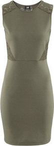 Dress - style: shift; length: mid thigh; fit: tight; pattern: plain; sleeve style: sleeveless; waist detail: fitted waist, twist front waist detail/nipped in at waist on one side/soft pleats/draping/ruching/gathering waist detail; shoulder detail: contrast pattern/fabric at shoulder, added shoulder detail; back detail: contrast pattern/fabric at back; predominant colour: khaki; occasions: evening, occasion; fibres: polyester/polyamide - mix; neckline: crew; sleeve length: sleeveless; pattern type: fabric; pattern size: standard; texture group: jersey - stretchy/drapey