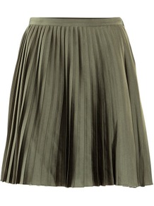 Skirt - pattern: plain; fit: loose/voluminous; style: pleated; waist detail: fitted waist; waist: mid/regular rise; predominant colour: khaki; occasions: casual, evening; length: just above the knee; fibres: polyester/polyamide - 100%; hip detail: structured pleats at hip, soft pleats at hip/draping at hip/flared at hip; texture group: structured shiny - satin/tafetta/silk etc.; trends: volume; pattern type: fabric; pattern size: standard