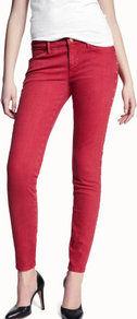 Skinny Low Jeans - style: skinny leg; pattern: plain; pocket detail: traditional 5 pocket; waist: mid/regular rise; predominant colour: true red; occasions: casual, evening; length: ankle length; fibres: cotton - mix; texture group: denim; pattern type: fabric; pattern size: standard