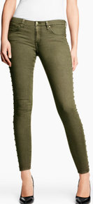 Skinny Low Jeans - style: skinny leg; pattern: plain; pocket detail: traditional 5 pocket; waist: mid/regular rise; predominant colour: khaki; occasions: casual, evening; length: ankle length; fibres: cotton - mix; texture group: denim; pattern type: fabric; pattern size: standard