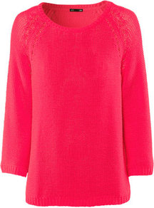 Jumper - neckline: round neck; pattern: plain; style: standard; predominant colour: hot pink; occasions: casual; length: standard; fibres: acrylic - 100%; fit: loose; sleeve length: 3/4 length; sleeve style: standard; texture group: knits/crochet; trends: fluorescent; pattern type: knitted - other; pattern size: standard