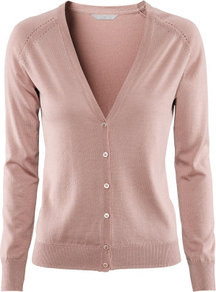 Cardigan - neckline: low v-neck; pattern: plain; bust detail: buttons at bust (in middle at breastbone)/zip detail at bust; predominant colour: pink; occasions: casual, work; length: standard; style: standard; fibres: silk - mix; fit: standard fit; sleeve length: long sleeve; sleeve style: standard; texture group: knits/crochet; pattern type: fabric; pattern size: standard