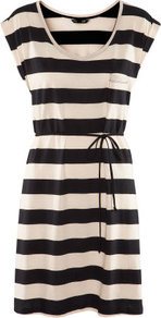 Dress - style: t-shirt; length: mid thigh; sleeve style: capped; fit: loose; pattern: horizontal stripes; bust detail: pocket detail at bust; waist detail: belted waist/tie at waist/drawstring; predominant colour: black; occasions: casual; neckline: scoop; fibres: cotton - 100%; sleeve length: short sleeve; pattern type: fabric; pattern size: standard; texture group: jersey - stretchy/drapey