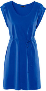 Dress - style: t-shirt; length: mid thigh; sleeve style: capped; fit: loose; pattern: plain; bust detail: pocket detail at bust; waist detail: belted waist/tie at waist/drawstring; predominant colour: royal blue; occasions: casual, holiday; neckline: scoop; fibres: cotton - 100%; sleeve length: short sleeve; pattern type: fabric; pattern size: standard; texture group: jersey - stretchy/drapey