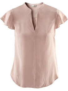 Silk Blouse - sleeve style: capped; pattern: plain; style: blouse; predominant colour: blush; occasions: casual, evening, work; length: standard; neckline: mandarin with v-neck; fibres: silk - 100%; fit: straight cut; sleeve length: short sleeve; texture group: silky - light; pattern type: fabric; pattern size: standard