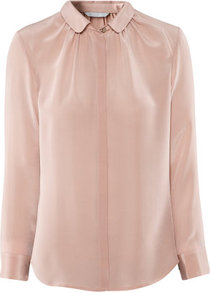 Silk Blouse - neckline: shirt collar/peter pan/zip with opening; pattern: plain; style: blouse; predominant colour: blush; occasions: casual, evening, work, occasion; length: standard; fibres: silk - 100%; fit: straight cut; sleeve length: long sleeve; sleeve style: standard; texture group: silky - light; pattern type: fabric; pattern size: standard