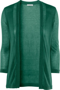 Cardigan - pattern: plain; neckline: collarless open; style: open front; predominant colour: emerald green; occasions: casual, work; length: standard; fibres: polyester/polyamide - 100%; fit: standard fit; sleeve length: 3/4 length; sleeve style: standard; texture group: knits/crochet; pattern type: knitted - fine stitch; pattern size: standard