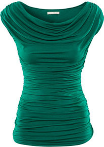 Top - neckline: cowl/draped neck; sleeve style: capped; pattern: plain; waist detail: fitted waist, twist front waist detail/nipped in at waist on one side/soft pleats/draping/ruching/gathering waist detail; bust detail: ruching/gathering/draping/layers/pintuck pleats at bust; predominant colour: emerald green; occasions: casual, evening, work, occasion; length: standard; style: top; fibres: polyester/polyamide - 100%; fit: body skimming; shoulder detail: flat/draping pleats/ruching/gathering at shoulder; sleeve length: short sleeve; texture group: jersey - clingy; pattern type: fabric