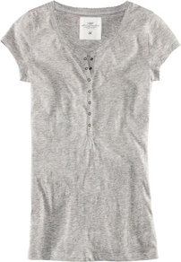 Top - neckline: round neck; pattern: plain; style: t-shirt; bust detail: buttons at bust (in middle at breastbone)/zip detail at bust; predominant colour: mid grey; occasions: casual; length: standard; fibres: cotton - mix; fit: body skimming; sleeve length: short sleeve; sleeve style: standard; pattern type: fabric; pattern size: standard; texture group: jersey - stretchy/drapey